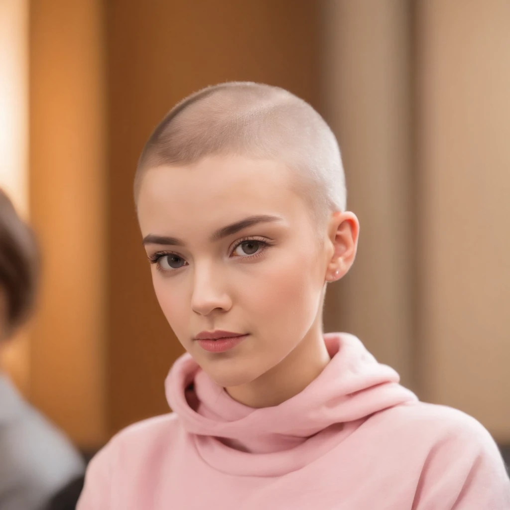 (a focused graduate student in a corner of an academic conference forum, wearing a pink sweatshirt and a buzz cut, intently listening to the scholars presentations, slightly opened mouth, determined gaze), [wooden backdrop], (best quality, 4k, highres, viv...