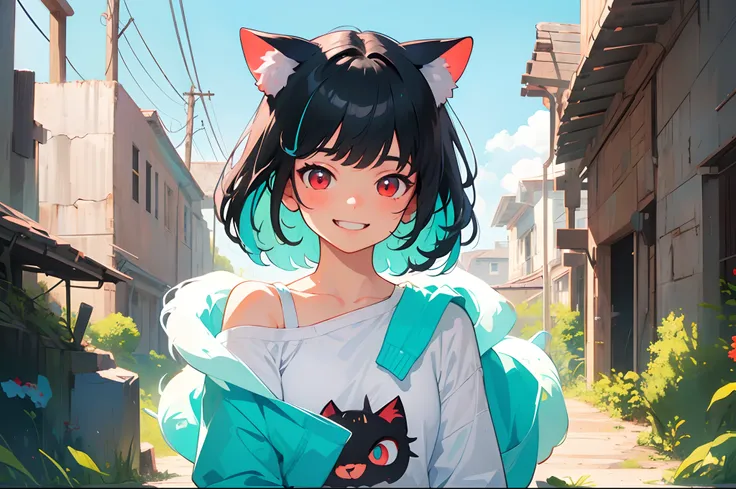 ((half-body portrait of a solo catgirl, nekomimi)), ((short black hair in a fluffy wavy bob-cut with turquoise highlights)), (bangs with turquoise highlights), smile, side glance, masterpiece, red eyes, futuristic ruins in the background, (one-side off-sho...