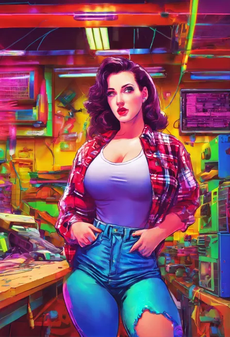 hyper realistic photo of Angela White, (Wearing a plaid t-shirt and jeans), in a carpentry shop, artificial light, artificial lighting ((professional quality)), soft shadows, digital photo (filter: lomo) (big boobs) (best eyes)