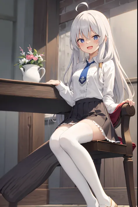 (masterpiece, best quality, highres),
elaina, solo, short skirt, white legwear, shirt, smile, long hair, open mouth, white shirt, thighhighs, blue necktie, looking at viewer, :d, , boots, white thighhighs,  brown skirt,  high heels, black footwear, frills,...