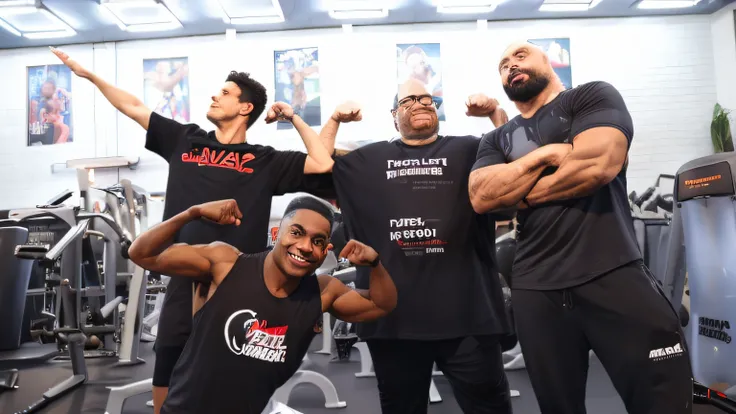 There are four men posing for a photo at a gym, local gym, Foto tirada em 2018, olhando parcialmente para a esquerda, suave em _ O pano de fundo, foto de grupo, em um fundo escuro, Motivacional, Directed by: Carla Wyzgala, tiro largo!!!!!!, put on 1 0 0 po...