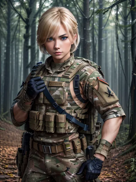 ((​masterpiece、ultra fine photos、top-quality、超A high resolution、Photorealsitic、foco nítido、bustshot、(Beautiful Female Soldier、30-year-old woman with)))、delicated face、((fair white skin、blue eyess、Blonde Shorthair))、Military Cap、Woodland Camouflage Military...