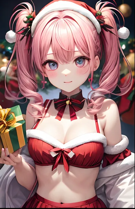 girl with、Pedras preciosas、No background、without background、Background through、kirakira、doress、ren、Christmas、santa claus、present、Twin-tailed、Two knots、Pink hair、Pink hair