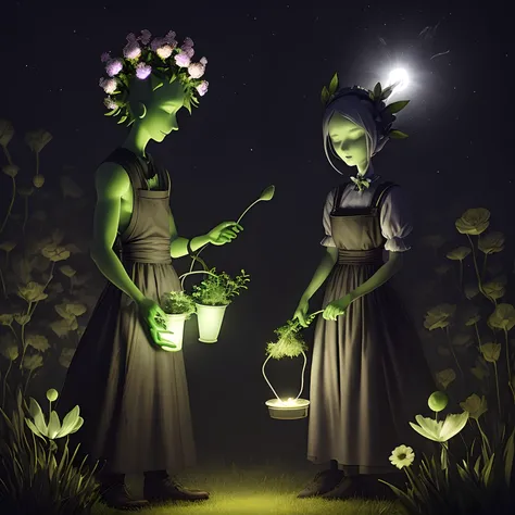 A stylish plant person, with a flower head and a dark apron, who is tending a garden like a human in a dark and dreamy void with glow-in-the-dark whisps in the air, in a dreary cartoony style.