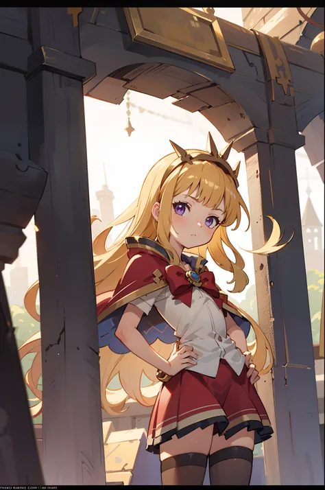 1girl, solo, close-up shot, a girl standing in a medieval dungeon, blonde hair, purple eyes, cagliostro, long hair, cagliostroba...