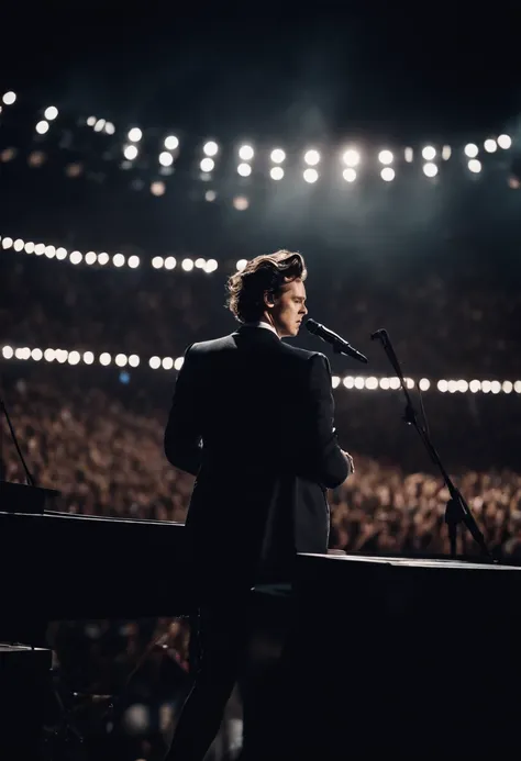 Harry Edward Styles on stage at his concert with a packed stadium