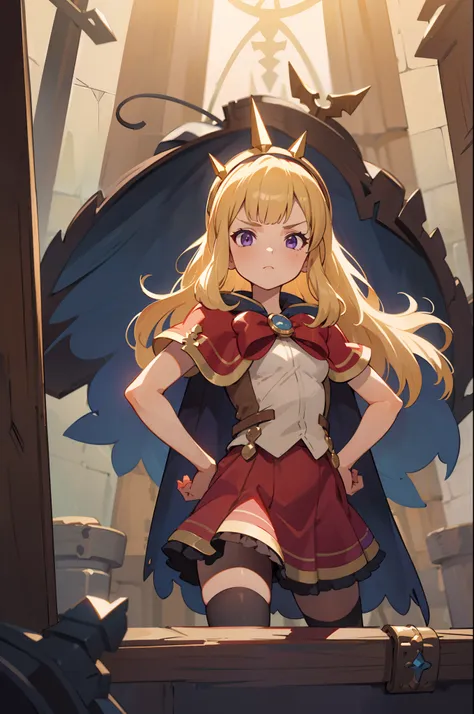 1girl, solo, close-up shot, a girl standing in a medieval dungeon, blonde hair, purple eyes, cagliostro, long hair, cagliostroba...