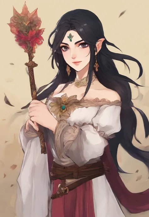 (woman),(long black hair),(giant eyes),(small mouth),(blushing),(huge breasts),(perfect waist 0.8),(medieval clothes),(rog fantasy style)