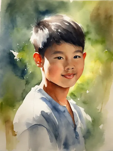 Watercolor painting of a beautiful asian boy : : trending on artstationh: : The simple composition creates a sense of order and harmony. The painting reflects the spiritual qualities of nature. --Up light --AR 9:16