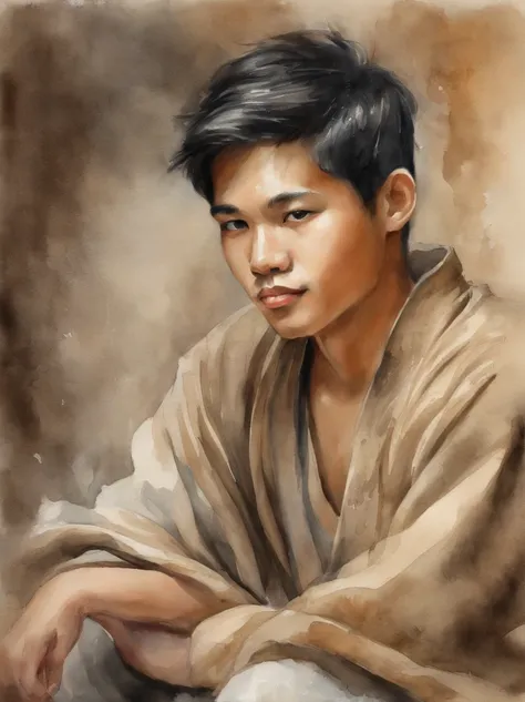 Watercolor painting of a beautiful asian boy : : trending on artstationh: : The simple composition creates a sense of order and harmony. The painting reflects the spiritual qualities of nature. --Up light --AR 9:16