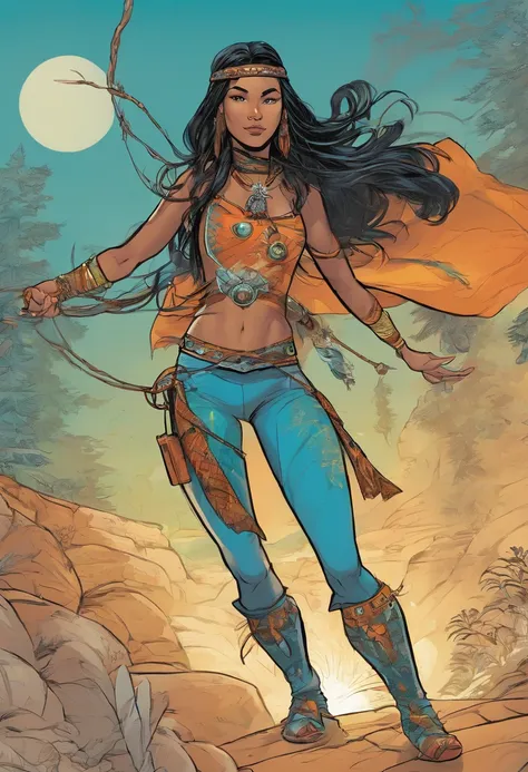 Female, very young Teenager who is a Native American Spiderman with Water based abilities and culturally Cherokee. Outfit has blue, teal, and white with orange accents.