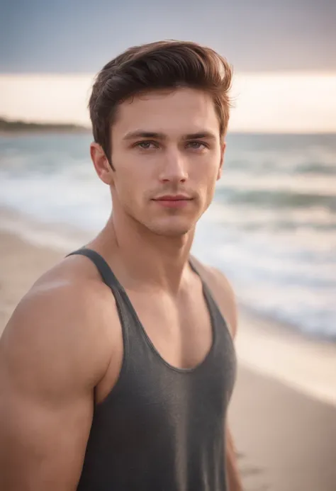 A masculine young man in his late twenties, dark brown hair , light hazel eyes, masculine energy, standing on the beach