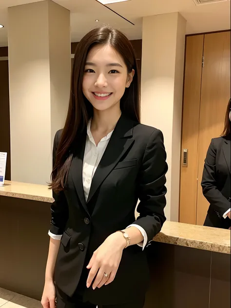 Girl in hotel black suit smiling at hotel reception(top-quality、​masterpiece:1.2)、femele、1人