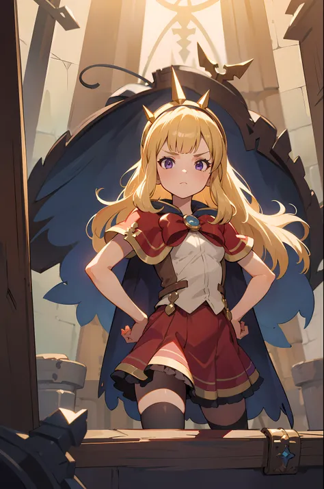 1girl, solo, close-up shot, a girl standing in a medieval dungeon, blonde hair, purple eyes, cagliostro, long hair, cagliostroba...