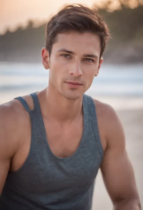 A masculine young man in his early 30s, dark brown hair , light hazel eyes, masculine energy, sitting on the beach in a tank top and swim shorts