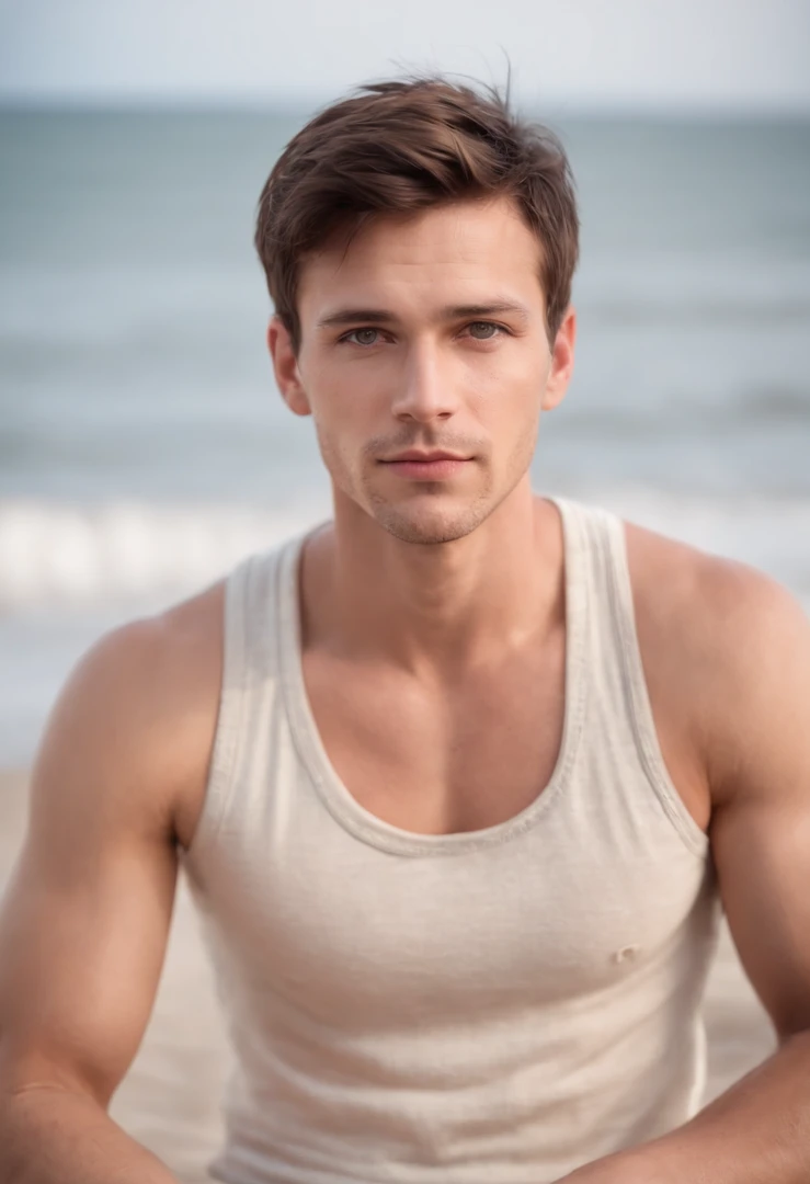 A masculine young man in his early 30s, dark brown hair , light hazel eyes, masculine energy, sitting on the beach in a tank top and swim shorts