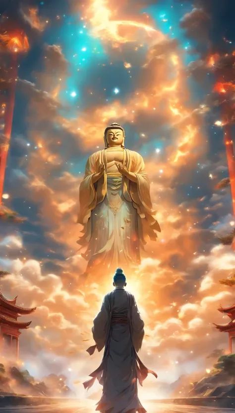 china style，In the distance, A huge tall Buddha statue stands in space，Staring at the Earth，Standing Buddha，with light glowing，glow effect，Pilgrims on the road，Hyper-realistic，Ultra photo realsisim，Real Photographics，8K，High Definition，high quarity，Works o...