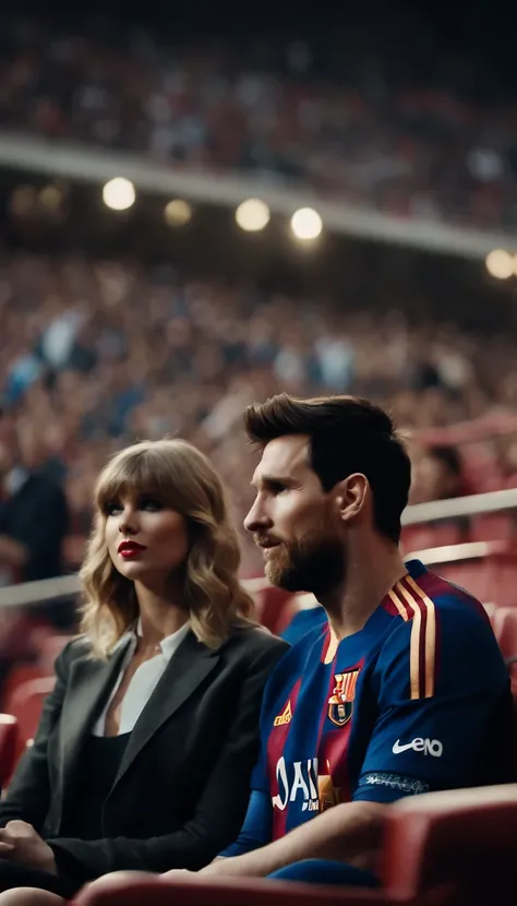 Taylor Alison Swift and Leonel Messi in the crowded football stadium sitting together in the stands