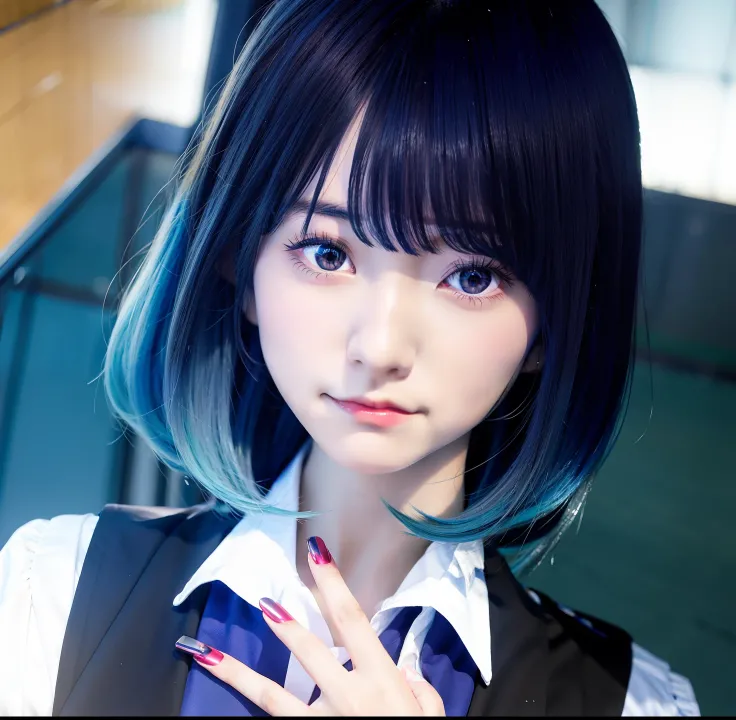 anime girl with blue hair and green eyes in a school uniform, anime visual of a cute girl, anime visual of a young woman, anime portrait of shiina ringo, anime girl named lucy, rei hiroe, todays featured anime still, hinata hyuga, akane, anime best girl, f...