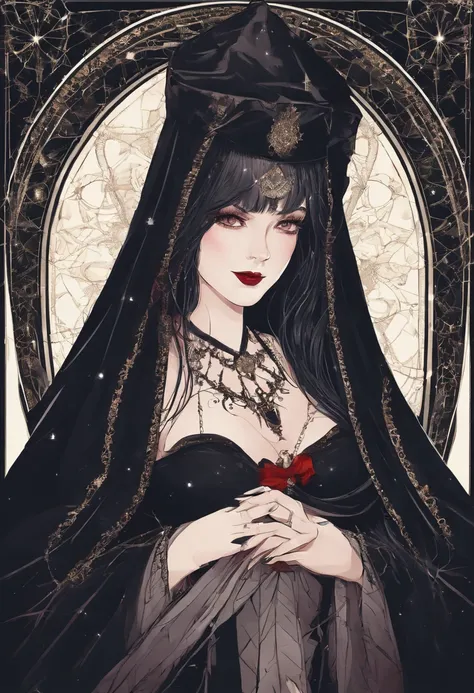 (woman),(long black hair),(pale skin),(mischievous smile),(red lips),(pointy wizard hat),(huge breasts),(perfect waist 0.8),(starry wizard cloak)