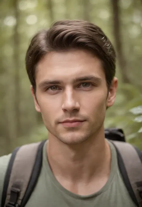 A masculine young man in his early 30s, dark brown hair , light hazel eyes, masculine energy, hiking, photo realistic