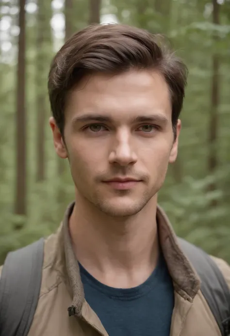 A masculine young man in his early 30s, dark brown hair , light hazel eyes, masculine energy, hiking, photo realistic