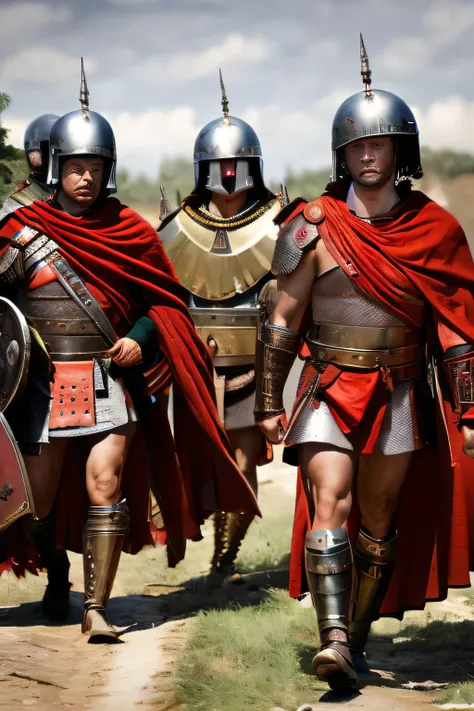 Several men in armor are walking down a path with their weapons, levando espartanos para a batalha, militares imperiais, guardas intrincados, vestido com armadura romana, Directed by: Artur Tarnowski, historicamente preciso, Armadura romana tradicional, al...