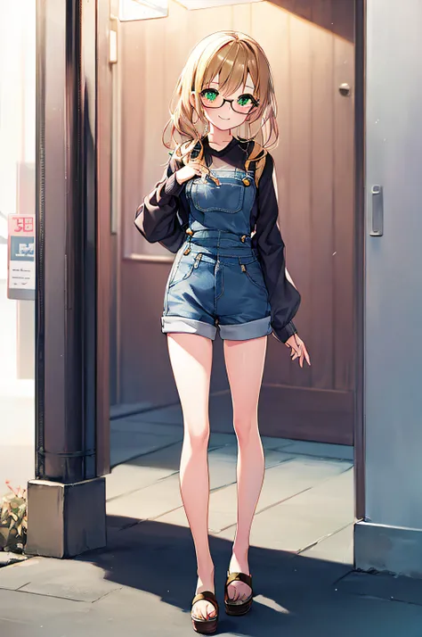 full_body, virtual_youtuber, standing, 1 girl, blonde hair, long hair, hair over shoulder, straight hair, happy, light smile, half japanese half european, green eyes, small boobs, short girl, britanic rounded glasses, extreme freckles, overalls clothes, sf...