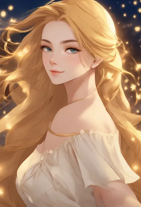 garota, flowing golden blonde hair, olhos amarelos, roupa imperial dourada, decote, anime, The background is a clear sky with twinkling lights, Dynamic angle, riso arrogante