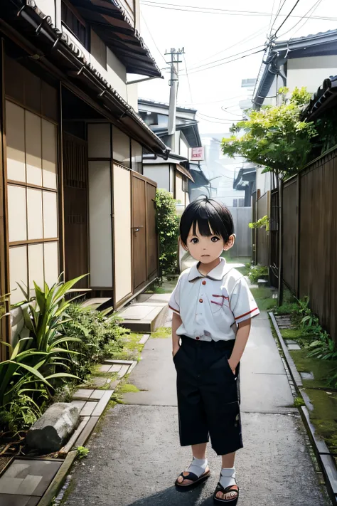 Image of a 1-year-old boy standing in the garden, toddlers、japanese horror movie footage, vintage footage on tokyo streets, chiho, 80s japanese photo, 90s japan, who was born in tokyo in 1964, inio asano,, Lost Footage