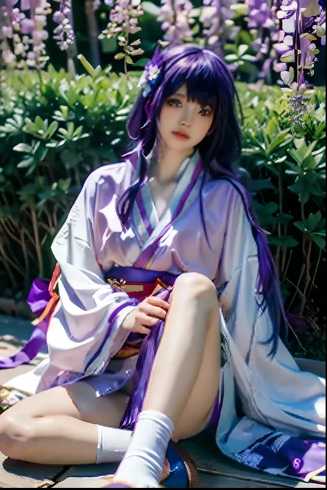 EI,(MP-E, macro, 65mm, f/2.8), ultra realistic,32k,RAW photo,(high detailed skin:1.2), 8k uhd, high quality,1girl, solo,see-through,lying down,Raiden_Ei, (purple hair:1.3),bangs,japanese clothes,solo,light purple kimono,tabi,hair ornament,long hair,logs,lo...