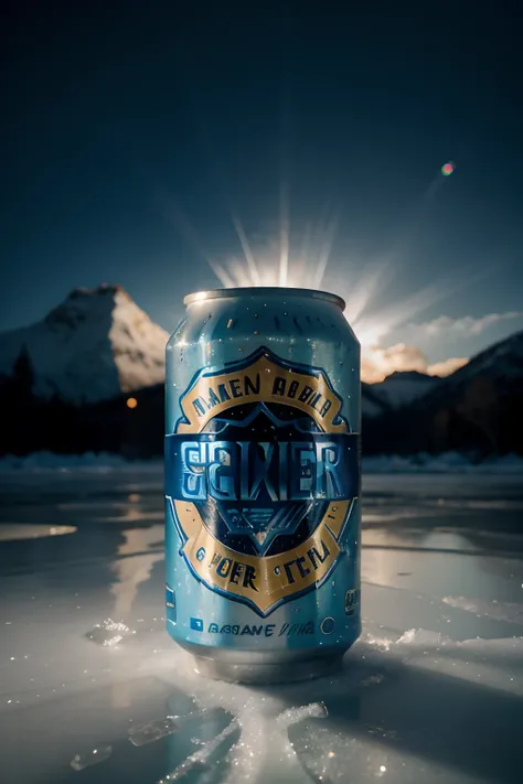 Uma lata de cerveja, On an icy surface, com exuberantes e maravilhosos cubos de gelo, Realistic photo, epics, Advertising composition, iluminado com 03 pontos de luz, fotografado com PhaseOne IQ180 com uma lente 24, Hero Shooting Display, Cinematic Color G...