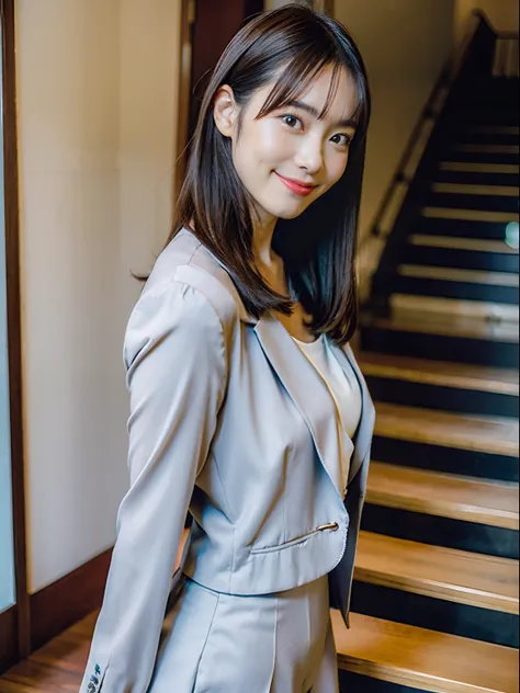 top-quality、超A high resolution、(Photorealsitic:1.4)、女の子1人、Gray pantsuit、Office stairs、turned around、A little smile、Unusual look、Sexy buttocks、White blouses、Beautiful curved waist constriction、Document Case Retention