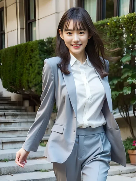 top-quality、超A high resolution、(Photorealsitic:1.4)、女の子1人、Gray pantsuit、Office stairs、turned around、A little smile、Unusual look、Sexy buttocks、White blouses、Beautiful curved waist constriction、Document Case Retention