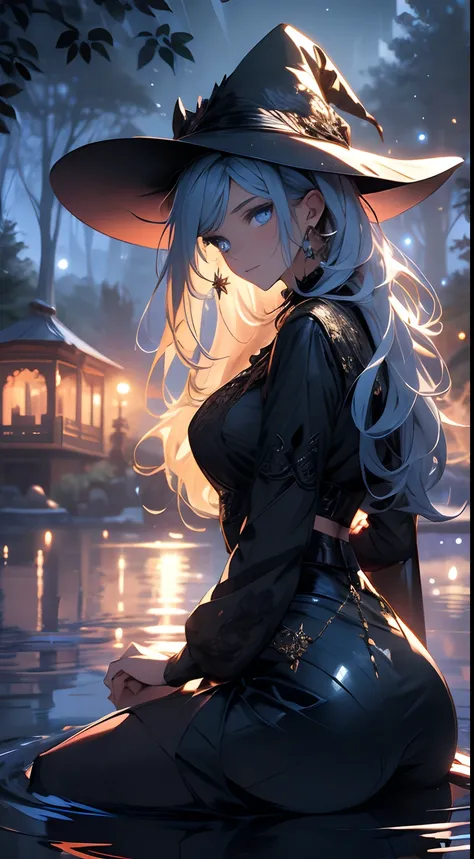 ((masterpiece)), best quality, a mysterious witch meditating on a lake, 1girl, gorgeous,  spell, witch, holding circle, earth, moon in the background, reflections, depth, bokeh, traced lights, peace, peacefull, sitting, expressive eyes, blue eyes, glow eye...