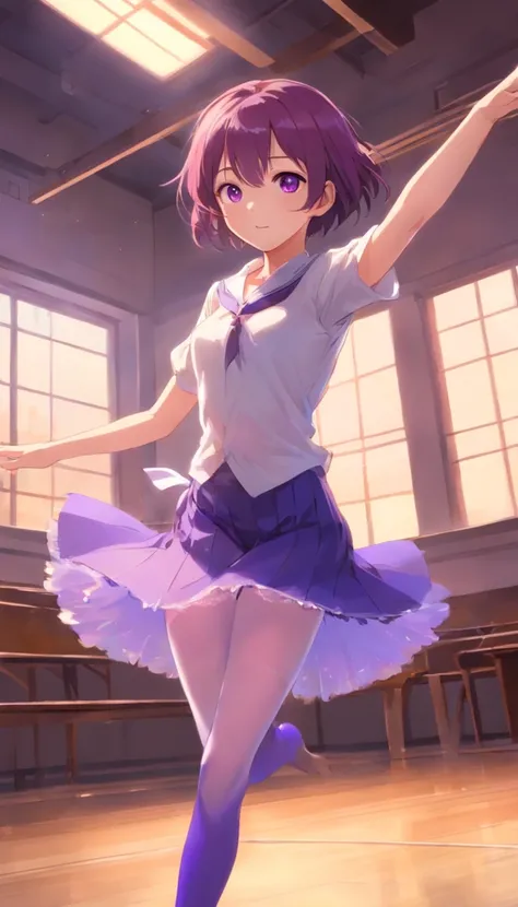 best qualtiy， tmasterpiece， 超高分辨率， realisticlying， 1 girl，Gorgeous Hair in Long Purple，Heterochromic pupils，Long legs，Black collar，（Ballet set）Full-figured，Purple stockings，Dance ballet，Practice room，wide angles