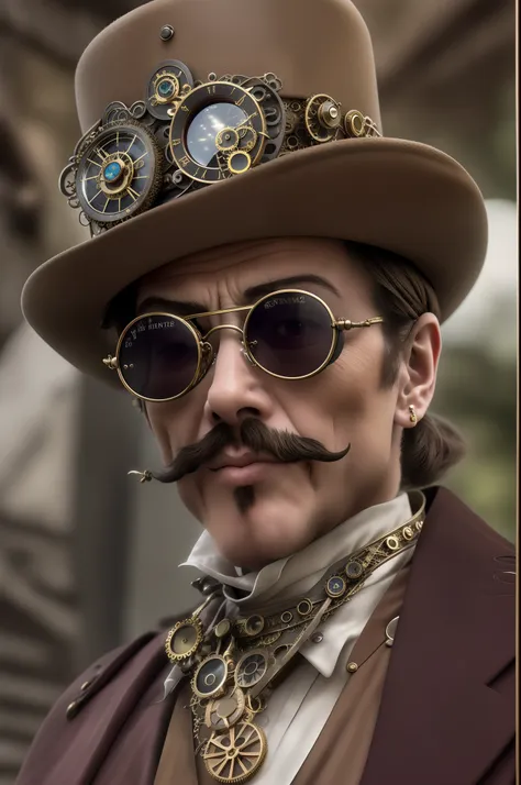 close up, gentelman in the hat and round steel gear sunglasses short mustache, victorian era, ((steampunk)), cinematography, cra...