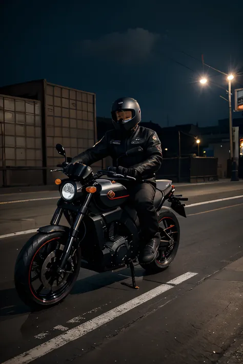 a chinese male，Ride a black platform motorcycle