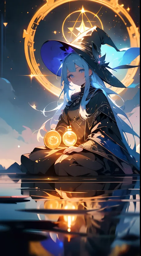 ((masterpiece)), best quality, a mysterious witch meditating on a lake, 1girl, gorgeous,  spell, witch, holding circle, earth, moon in the background, reflections, depth, bokeh, traced lights, peace, peacefull, sitting, expressive eyes, blue eyes, glow eye...