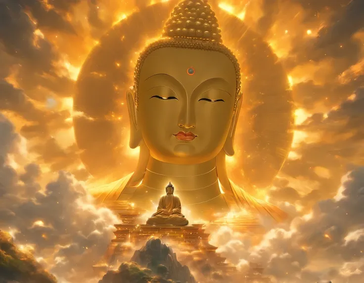 Interstellar，Infinite space，A huge Maitreya Buddha statue rushed towards the huge space-time tunnel，Highly detailed portrait of a huge golden Buddha with a halo of the sun god，see -through，depth of fields，((masutepiece))，(Best Quality))，Magnificent space i...