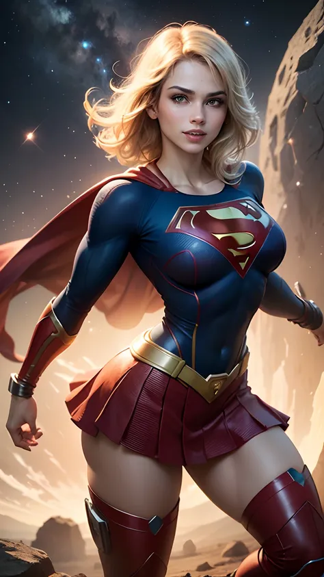 ((whole body view)), (SUPERGIRL is in outer space), (Lifting a large asteroid with your hands), (Complete DC Comics Superheroine), fora, highlights your muscles and scars. The scenery is lush and mysterious, com galaxias ao seu redor. The camera details ev...