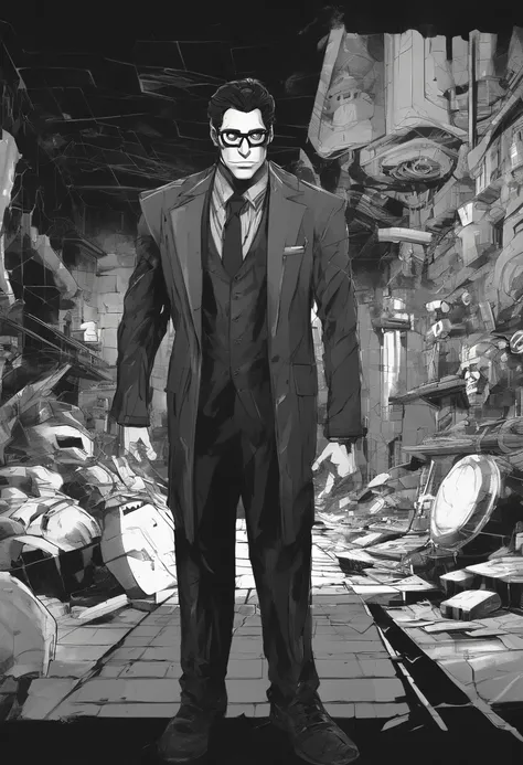 face focus shot, 1 man, solo, light skinned African American, long curly straight black hair, glasses, huge tits, big thick ass, photorealism, smirking face, crossed arms, (leaning onto a wall), dark dirty grey suit, dark grey arms, ((no mask)), mask off, ...