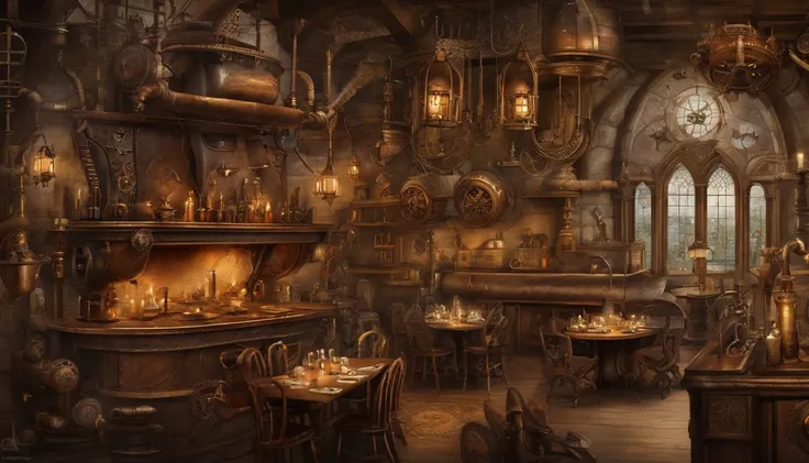 high fantasy, crowded inn with dining, medieval background