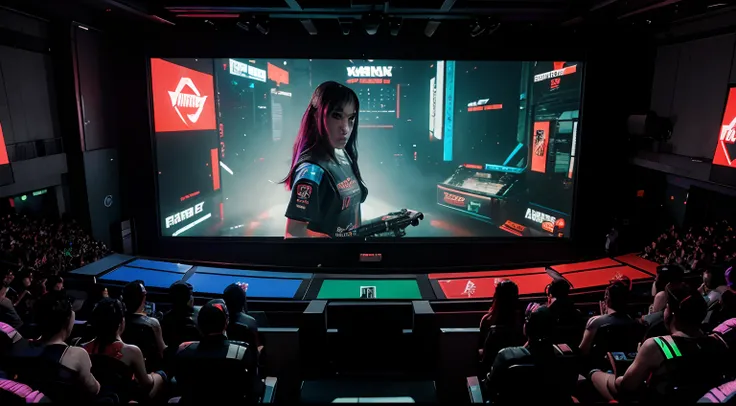 Cyberpunk eSports theme, big screen, crowd, audience