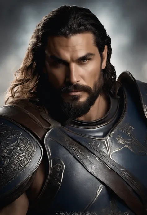 O ator Jason Mamoa, with a beard and sharp brown eyes, corpo extremamente forte e musculoso, foto de corpo inteiro, sozinho, ((homem Elfo de 36 anos)), (((olhos castanhos detalhados ultra realistas))), detalhes intrincados de um homem com olhos castanhos, ...