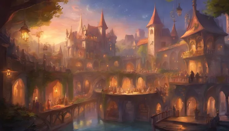 high fantasy, crowded inn with dining, medieval background