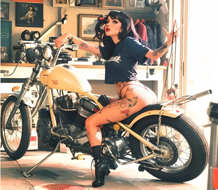 Mujer sentada en una motocicleta en un garaje con un tatuaje en la pierna, pinup tatuado, tatuado, rockabilly, por Brian Chippy Dugan, motocicleta, sentado en una motocicleta, Entintado, Estilo rockabilly, Motocicletas, Pin up, con tatuajes, Pin - arriba, ...