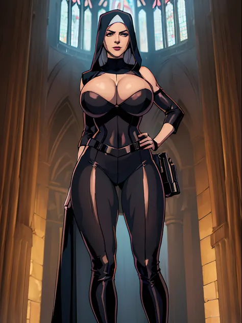 (masterpiece, top quality, best quality, official art, beautiful and aesthetic:1.2), (1girl:1.3), light freckles, fair skin, extremely detailed, portrait, looking at viewer, solo, (full body:0.6), detailed background, close up, (dark gothic theme:1.1), nun...