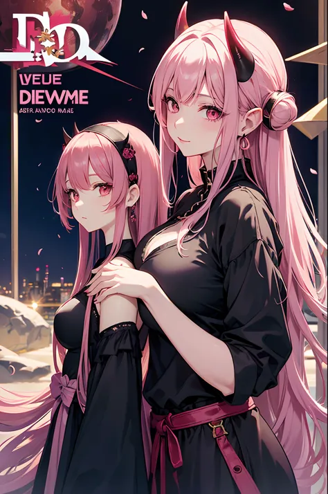 Cover magazine. anime, adult woman, middle aged woman, solo, long hair, pink hair, red eyes, demon horn, black horn, complex horn, demon woman, model, beautiful, fantasy, Casual clothes. Hair accessories. Unusual hairstyles. Earrings. Greeting. Sharp ears....