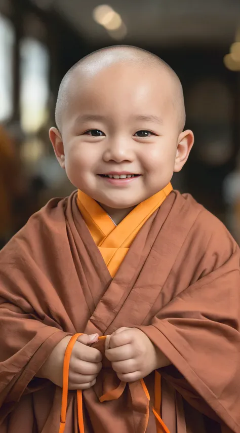 a young monk wears an orange monk's robe，had his hands folded，smile at the camera